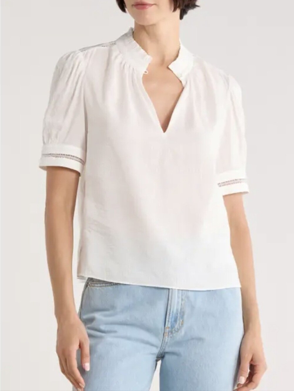 Frame White Puff Sleeve Ruffle Collar Blouse Top Size Large